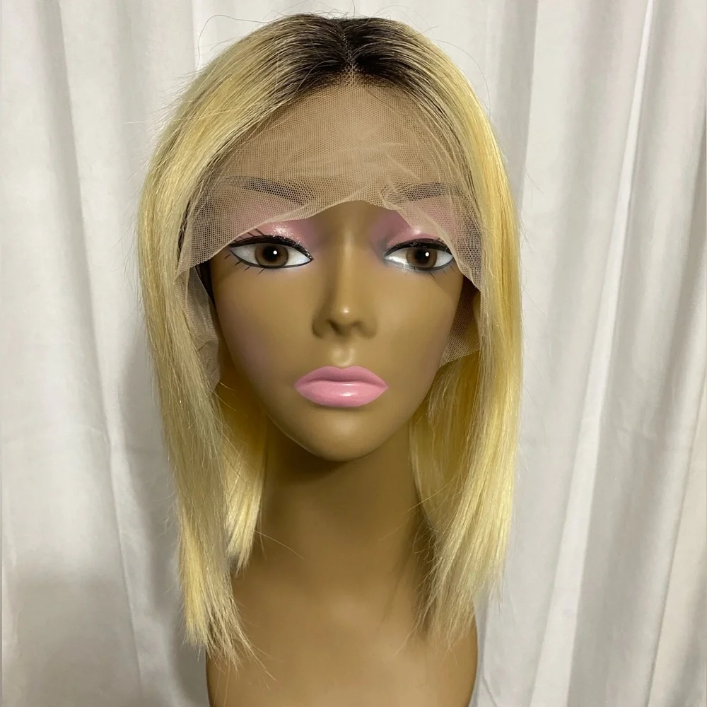 Short Ombré Blonde Bob Wig 100% Human Hair Lace Front T Part Wig 12” Blunt Cut